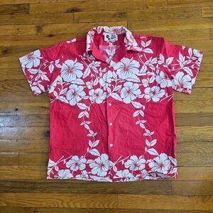 Vintage Hilo Hattie Hawaiian Shirt Large Button Short Sleeve Red Floral